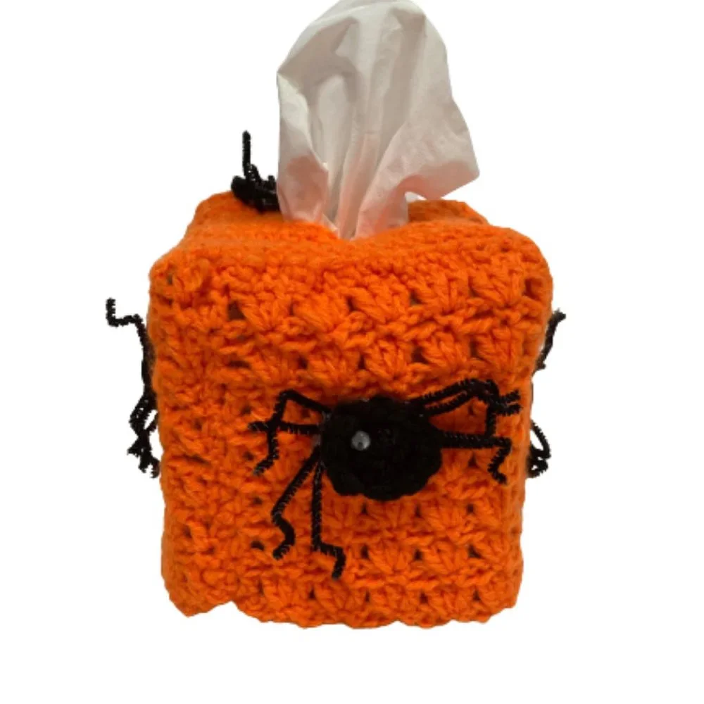 Handmade Granny Tissue Koozie Cover Spiders Orange